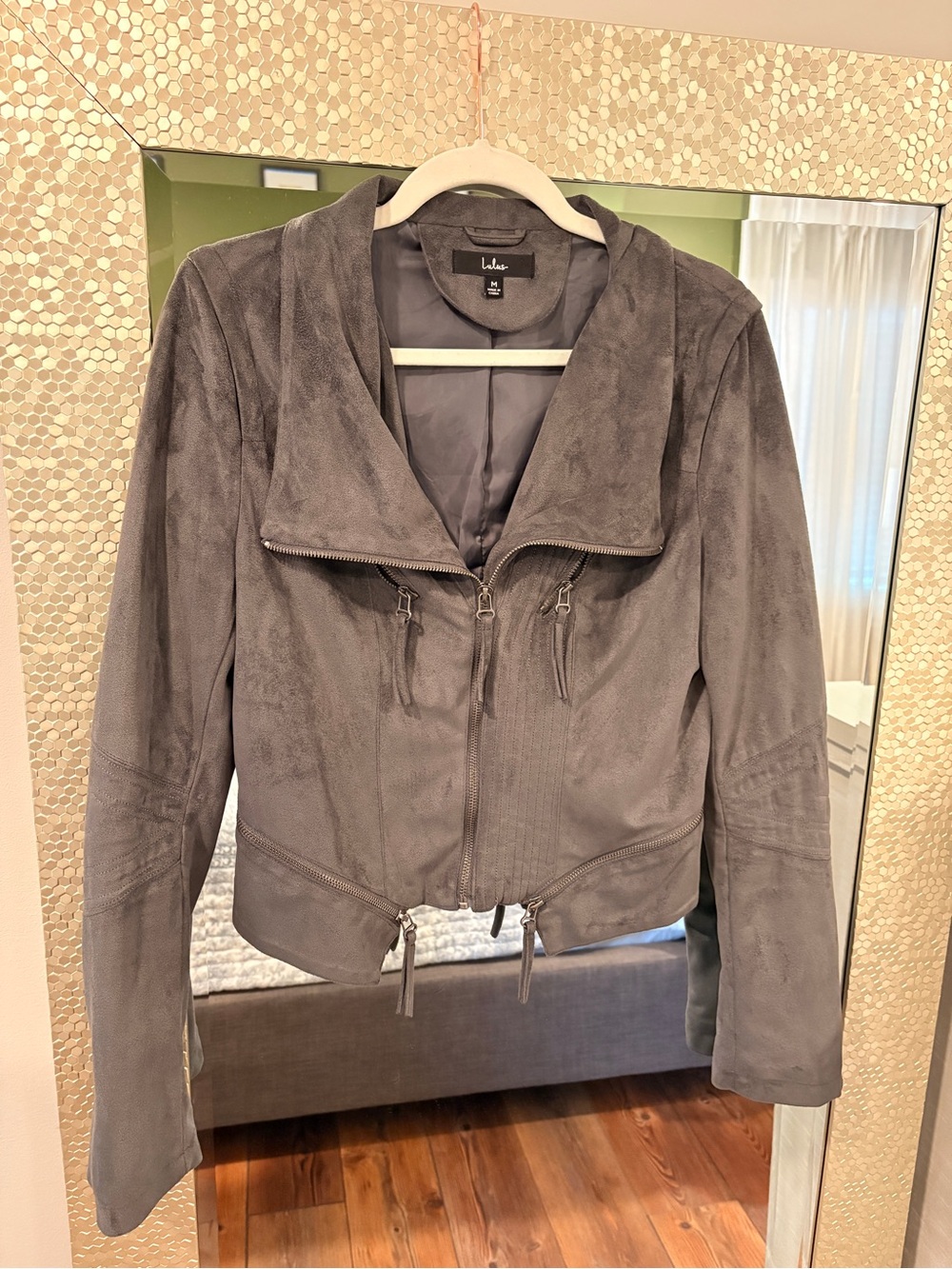 Lulu's Gray Suede Zip-Front Moto Jacket